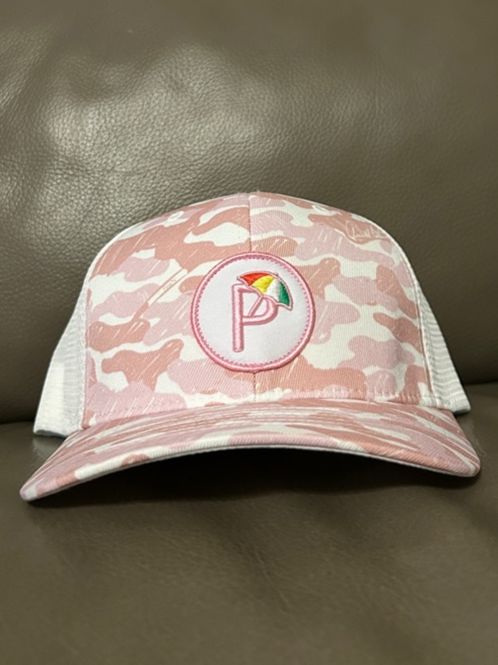 Puma Palmer Pink/White Camo P Flexfit 110 Trucker Snapback Hat